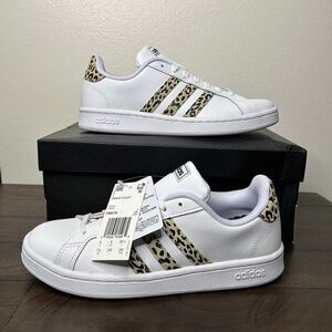 New Adidas Grand Court Sneakers Cheetah Leopard Print White Size 7.5 shoes